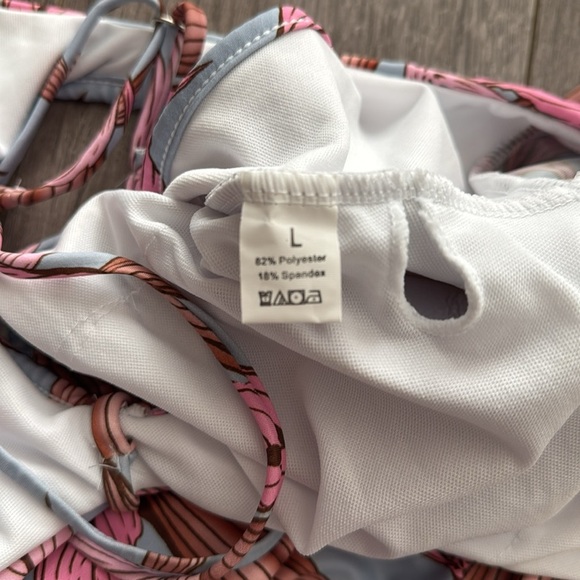 New V-Neck Printing Bandage Long Sleeve Siamese Swimsuit Bikini Pink Large - Picture 4 of 5